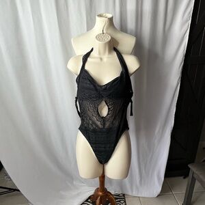 🖤 BECCA Black Lace Crochet Halter One-Piece Swimsuit | Size L